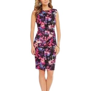 Katherine Kelly Lauren Tuck Floral Pink/Black Sleeveless Ruched Dress Sz 14